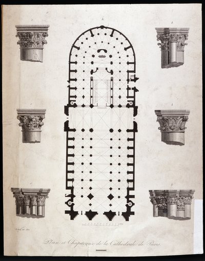 A párizsi Notre Dame (Notre-Dame) katedrális terve és fővárosai. 19. század. alkotó: Unknown artist