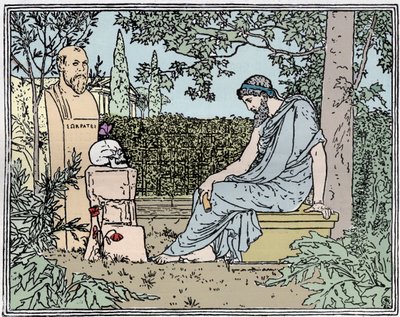 Platón a halhatatlanságról meditált Szókratész, a pillangó, a koponya és a mák előtt Kr.e. 400-ban - Platón a halhatatlanságon meditált Szókratész előtt, egy pillangón, egy koponyán és egy mák előtt Kr.e. 400.-i metszet a 19. századról alkotó: Unknown artist