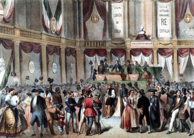 Népszavazás a Nápolyi Királyság Olaszországhoz csatolásáról 1860-ban. A háttérben: Viva Vittorio Emmanele (Victor Emmanuel) Re D
