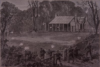 A rendőrség tüzet nyit a Kelly bandára a Glenrowan Hotelben, 1880. június 28. (metszet) alkotó: Unknown artist