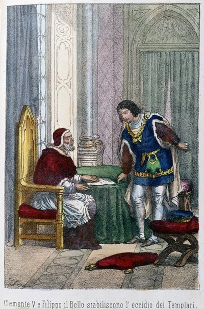 V. Kelemen pápa és IV. Bél Fülöp, Franciaország királya úgy döntött, hogy felszámolják a templomosokat alkotó: Unknown artist