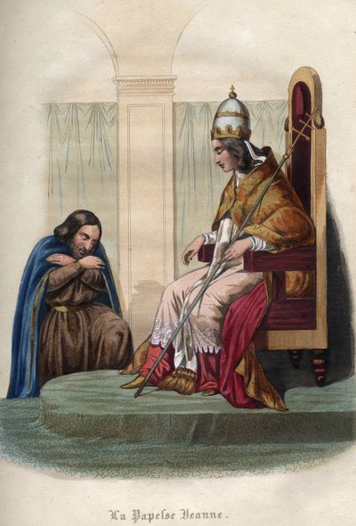 Joan pápa, aki 855 és 858 között uralkodott, pápai ruhát viselve. Papess Jeanne (pápaság 855-től 858-ig) pápai ruhában. Metszet 1842-ből Maurice Lachatre „Histoire des Popes” című könyvében. Magángyűjtemény. alkotó: Unknown artist