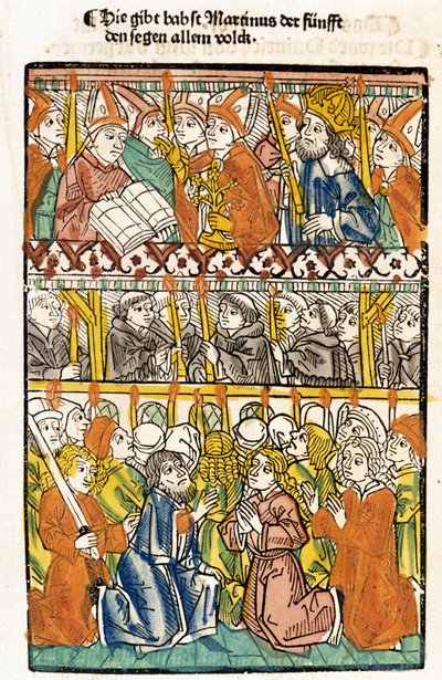 V. Márton pápa (1368-1431), akit a konstanzi zsinaton (1417) választottak meg a nagy nyugati egyházszakadás megszüntetésével, teljesíti az áldást. „Das concilium” alkotó: Unknown artist