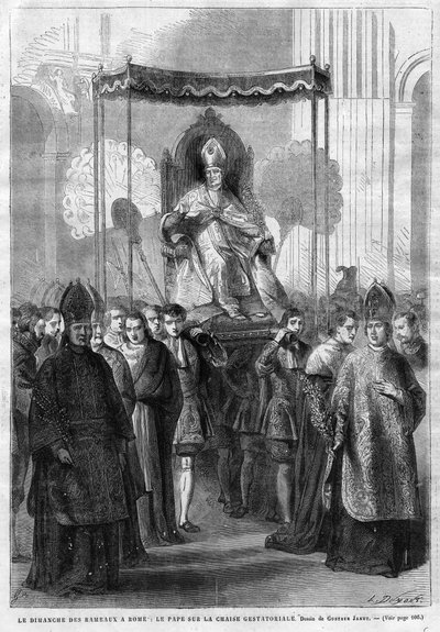 IX. Pius pápa (1835-1914) a sedia gestatorián - Virágvasárnap Rómában: IX. Pius pápa (Pius Pio 9) a terhességi széken - Gustave Janet rajza - Az 1868-as szemléltető napló alkotó: Unknown artist