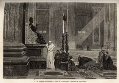 Pius pápa (pio 9) (1792-1878) a Vatikánban, a Szent Péter-szobor lábánál, a Bazilika bejáratánál gyűjtött. Metszet a római történet illusztrálására, Francis Wey 1864-1868-ban, megjelent a "" le tour du monde"-ban, szerkesztette D