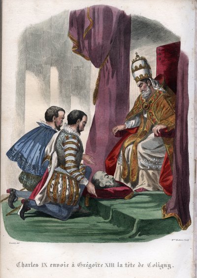 XIII. Gergely pápa (1502-1585) IX. Károly francia király (1550-1574) ajándékaként fogadja Gaspard de Coligny (1519-1572) fejét, akit az 1572-ben, a Szent Bertalan-napi mészárláskor meggyilkoltak. alkotó: Unknown artist