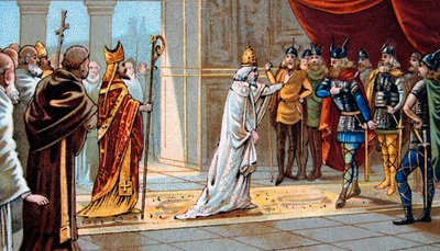 István (Stephanus) 754-ben a Ponthion-palotában kéri Pepin Brief segítségét a langobardok ellen – II. (III.) István pápa a langobardok elleni segítségét kéri Kis Pepintől 754-ben alkotó: Unknown artist