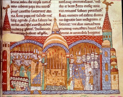 II. Urbán pápa (1042-1099) a clunyi apátság oltára előtt. Megerősítette a Cluny-i apátság kiváltságait és birtokait, és 1088-ban bevallotta a Hughes-apátságnak a püspöki díszek használatát. Miniatűr a Cluny-i krónikákból alkotó: Unknown artist