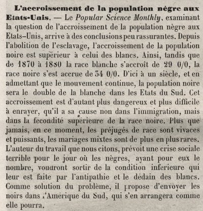 A népességnövekedés tagadja az Egyesült Államokban: rasszista kommentárok a könyvben a Popular Science Monthly cikke szerint. Aggodalommal tölti el az amerikai fekete lakosság számának növekedése és a magas születési ráta, és kiutasításukkal kívánja ezt or alkotó: Unknown artist