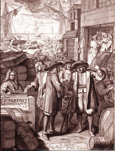 Kikötői kereskedők beszélgetnek egymással. 19. századi metszet. alkotó: Unknown artist