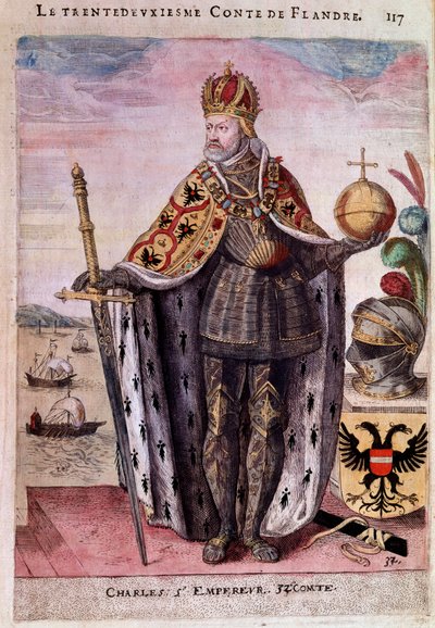 V. Károly (1500-1558) portréja lábán Flandria harminc másodperces grófjában, a 16. századi metszet Párizsban, B.N. alkotó: Unknown artist
