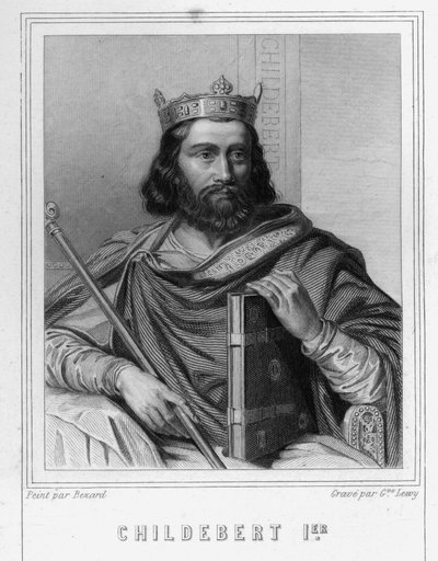 I. Childebert (v. 495 - 558), párizsi király portréja - Lavallée „Histoire des Français”-jában, metszet, sd. alkotó: Unknown artist