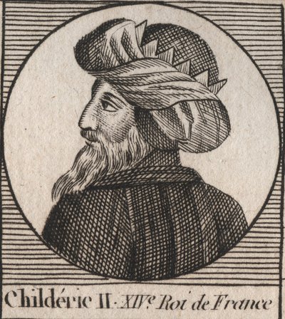II. Childeric, a frankok királyának portréja 670-től 673-ig - II. CHILDERIC 655-675, Franciaország és Ausztrália merovingjai - metszet a Charles Constant Le Tellier „Instruction sur l