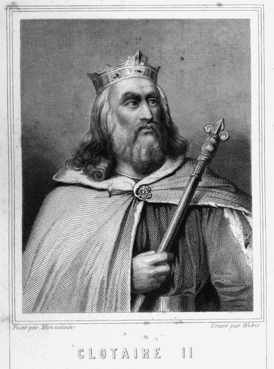 Clotaire (Clothaire) II (584 - 628), Neustria királyának és a frankok királyának portréja - Lavallée „Histoire des Français”-jában, metszet, sd. alkotó: Unknown artist