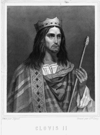 II. Clovis (? - 657), Neustria, Burgundia és Austrasie királyának portréja - Lavallée „” Histoire des Français”-ban, metszet, sd. alkotó: Unknown artist