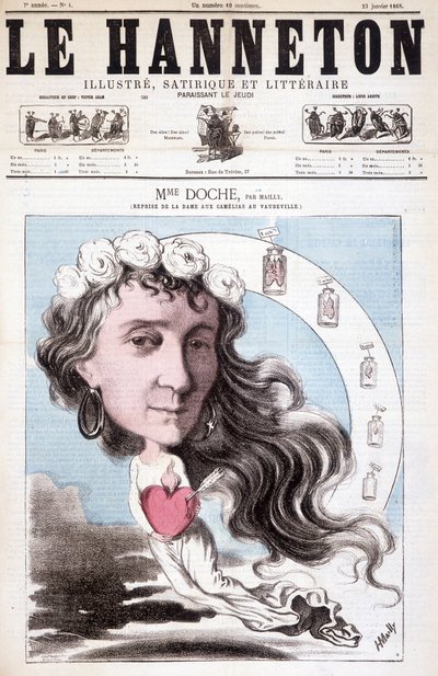Eugénie Doche portréja, aki a vaudeville-i színházban a „La Dame aux Camélias” című film borítójában játszik, Alexandre Dumas (hang) írta 1852-ben. A Le Hannetonban, január 23. alkotó: Unknown artist