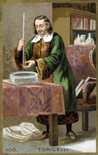 Evangelista Torricelli vagy Toricelli (1608 - 1647) olasz fizikus portréja a Barométer (higanycső) találmányával. századi kromolitográfiája. alkotó: Unknown artist