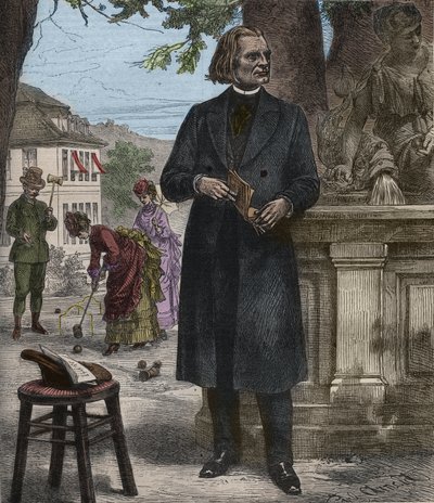 Liszt Ferenc (1811-1886) magyar zeneszerző, zongoraművész és karmester (Liszt Ferenc magyar zeneszerző, zongoraművész és karmester) portréja a „"Popular Music"" jeles hetilapban - 1882 alkotó: Unknown artist
