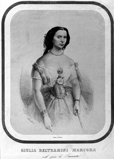 Giulia Beltramini Marcora portréja a „La traviata” című filmben, Giuseppe Verdi. század végi litográfia. alkotó: Unknown artist