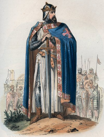 Godefroy (Godefroi) de Bouillon (1061-1100) keresztruhás portréja. Metszet 1868-ból Theodore Juste (1818-1888) „Histoire de Belgique from primitive times to the end of the regne I. Lipót” című művében. Magángyűjtemény. alkotó: Unknown artist
