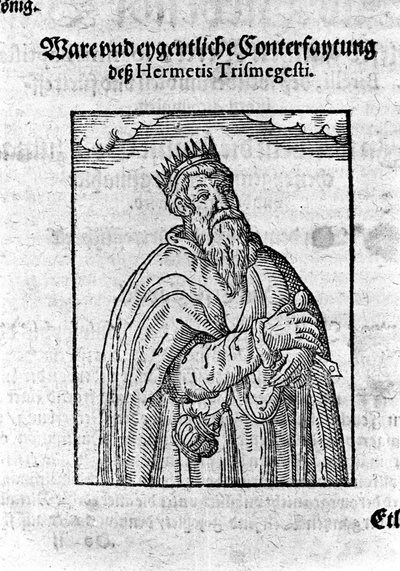 Hermész Trimegiszte (Trismegisztosz), asztrológus portréja. Giovanni Battista Birelli „Alchimia Nova” metszete alkotó: Unknown artist