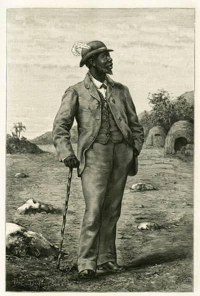 Sepopo zambezei király (a mai Dél-Afrika) portréja európai stílusban, P. Dufour metszetével, Dr. Emile Holub (1847-) „Au pays des Marutses” című történetének illusztrálására 1875-1879-ben. 1902). Megjelent a Tour du monde-ban, 1. 2. félév alkotó: Unknown artist