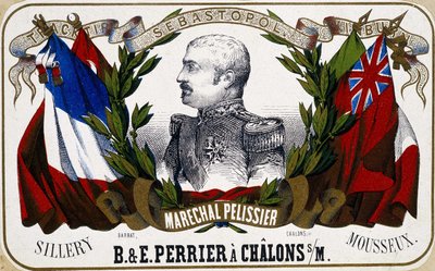 Maréchal Pelissier portréja „”B. & E. Perrier à Chalôns sur Marne” pezsgőcímkén”, sd. 19. század. alkotó: Unknown artist