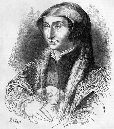 Navarrai Margit portréja (Valois Marguerite, Angouleme Marguerite vagy Franciaország Marguerite (1492-1549) Navarrai királynő és költőnő, Francois 1. (1553-1615) nővére. XIX. századi metszet. alkotó: Unknown artist