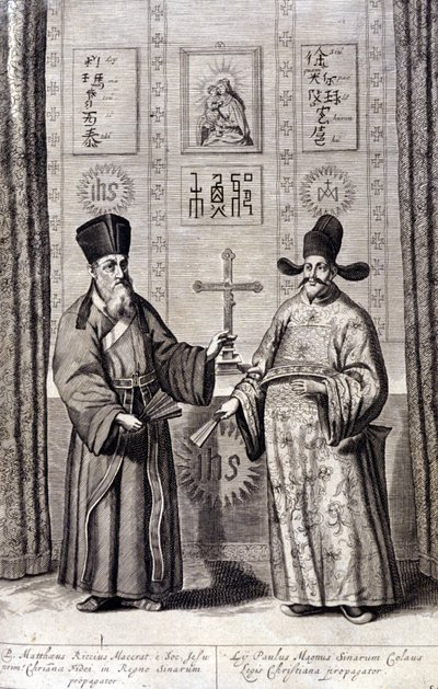 Matteo Ricci (balra), olasz jezsuita és Paul Ly, a keresztény hit nagy propagálója Kínában portréja, Athanasius Kircher (1601-1680), jezsuita, orientalista és német tudós „De China monumenta” metszete, Amszterdam 1667. alkotó: Unknown artist