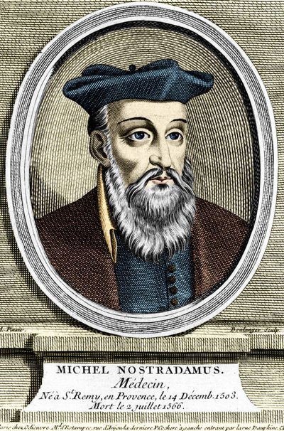Michel Nostradamus orvos és asztrológus portréja nem volt Saint Remy de Provence-ban (Saint-Remy-de-Provence) 1503.12.14-én, és 1566.07.02-án halt meg. 17. századi metszet. alkotó: Unknown artist