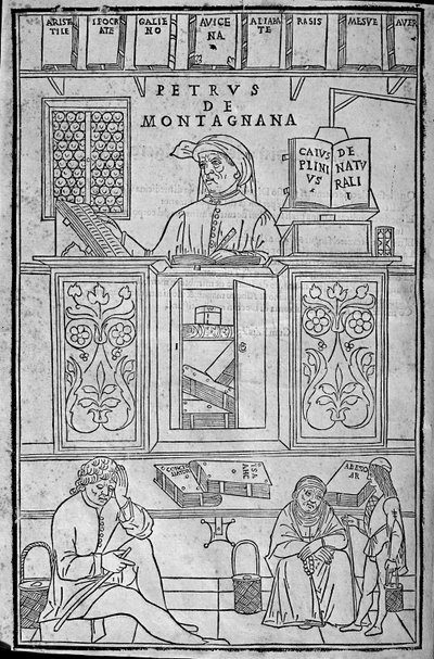 Portré Pietro da Montagnanáról, egy padovai orvostanárról, görög és arab orvosi könyvekkel körülvéve, és három, vizeletvizsgálatra váró páciensről. alkotó: Unknown artist