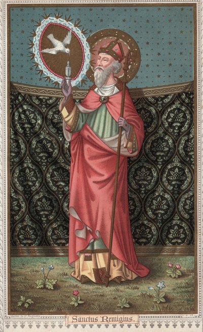 Szent Remi (437-533) portréja (Szent Remigius, Remy Remigio) a Szentlélek galambja (Szentlélek) látogatása. A 19. század végének kromolitográfiája. alkotó: Unknown artist