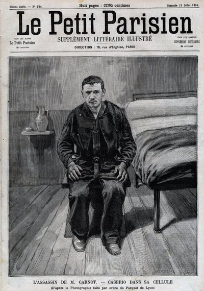 Sante Caserio (1873-1894) olasz anarchista, Sadi Carnot bérgyilkosának portréja börtönben. Metszet a „Le Parisien”-ben alkotó: Unknown artist