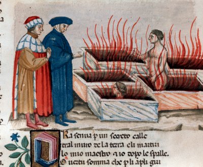 Dante Alighieri olasz költő portréja Vergiliussal az eretnekek között, mint Farinata degli Uberti (10. ének a pokolból, az Isteni színjátékban) - miniatűr XV. alkotó: Unknown artist