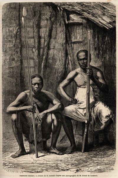 Két bakali harcos portréja. H. Castelli rajza Griffon du Bellay doktor 1861-1864-es Gabonba tett utazásának illusztrálására. Gravírozás a „Le tour du monde”-ban, szerkesztette Edouard Charton alkotó: Unknown artist