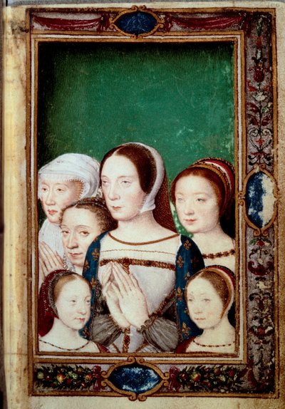I. Ferenc lányának és két feleségének portréi. Lányok: Louise (1515-1517). Charlotte (1516-1524), Madeleine (1520-1537), Marguerite (1523-1574). Francia Claude (1499-1524) és Habsburg Eleonóra (1498-1558). Miniatűr a „” Book of ho alkotó: Unknown artist