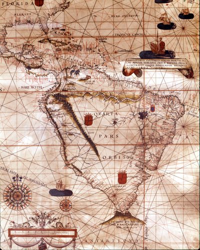 Dél-Amerikát képviselő portulán, amely Bartolomeo Velhiohoz tartozik. 1561. alkotó: Unknown artist