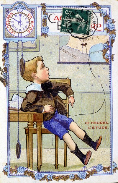 Képeslap, amely egy gyermek napjának lefolyását mutatja. 10:00-kor a gyerek az iskolában van. alkotó: Unknown artist