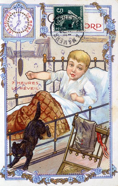Képeslap, amely egy gyermek napjának lefolyását mutatja. 7 órakor felébred a gyerek. alkotó: Unknown artist