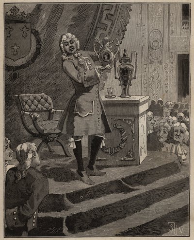 Kerámia: Pierre Joseph Macquer (1718-1784) az Akadémián bemutatja az első kemény porcelánt, amelyet Franciaországban készített a Sevres-i gyár 1769-ben. Metszet 1885-ből Adolphe BITARD „” Les arts et metiers illustres” című művében. alkotó: Unknown artist