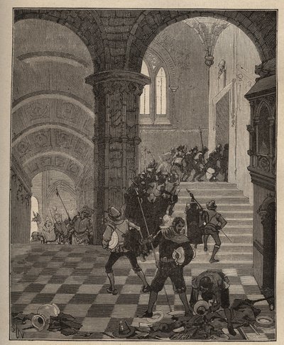 Fazekasság: a „Henri II” gyár lerombolása Oiron (Deux Sevres) kastélyának 1568-ban történt kifosztása során a Liga idején. Metszet 1885-ből Adolphe BITARD „” Les arts et metiers illustres” című könyvébe. alkotó: Unknown artist
