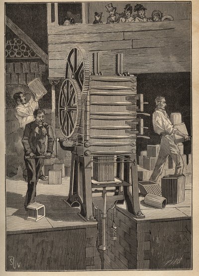 Fazekasság: üreges részek mechanikus fröccsöntése. Metszet 1885-ből Adolphe BITARD „Les arts et metiers illustres” című könyvében. alkotó: Unknown artist