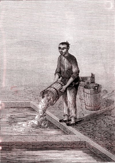 Mészöntés a medencébe, papírgyártás Kínában (Kr. e. 3. század) (metszet) alkotó: Unknown Artist