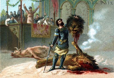 Pépin le Brief (715-768), a frankok királya egy oroszlánnal és egy bikával harcol a 751-es koronázása alkalmából tartott lakomák alatt. alkotó: Unknown artist