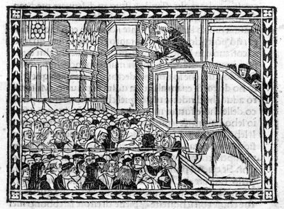 G. Savonarola (Jerome Savonarola) prédikációja (1452 - 1498) - a „” Compendium of Revelatione” című kötetben, 1496. április 23-i inkunabulum. alkotó: Unknown artist