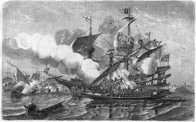 Terhes megtámadta az angol flottát, amelyet Edward Howarth admirális irányított, 1513. április. 19. századi metszet. alkotó: Unknown artist