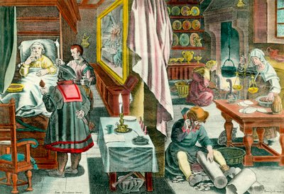 Guánó alapú gyógyszerek készítése és beadása venerian syphilis betegség ellen”” Metszet a 17. századról. Párizs. Orvostudományi Akadémia alkotó: Unknown artist