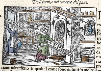 Kenyér elkészítése és sütése kemencében. Olaus Magnus (1490-1557) svéd vallás- és földrajztudós metszete, „Historia de Gentis Septentrionalibus”, Velence alkotó: Unknown artist