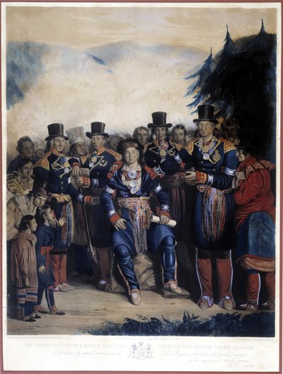 A kanadai huron indiánok újonnan megválasztott főnökének bemutatása alkotó: Unknown artist
