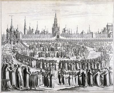 Húsvéti virágmenet a Szent Megváltó kapuja és a Kreml előtt Moszkvában. századi metszet. alkotó: Unknown artist